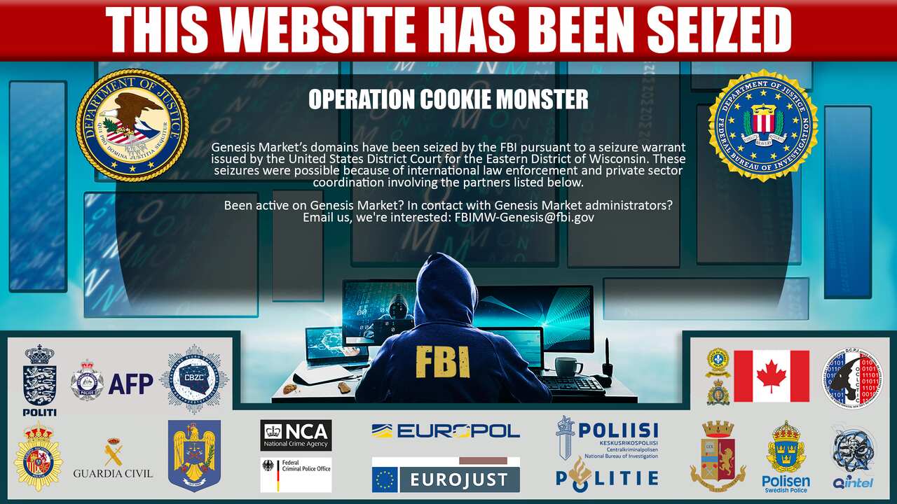 An image reading, "This Website Has Been Seized" in white and red bold letters at the top. There is an image of a hooded man at a computer with 'FBI' on the back on his sweater. Logos of different international law enforcement organisations are depicted, including the FBI, AFP and NCA. 