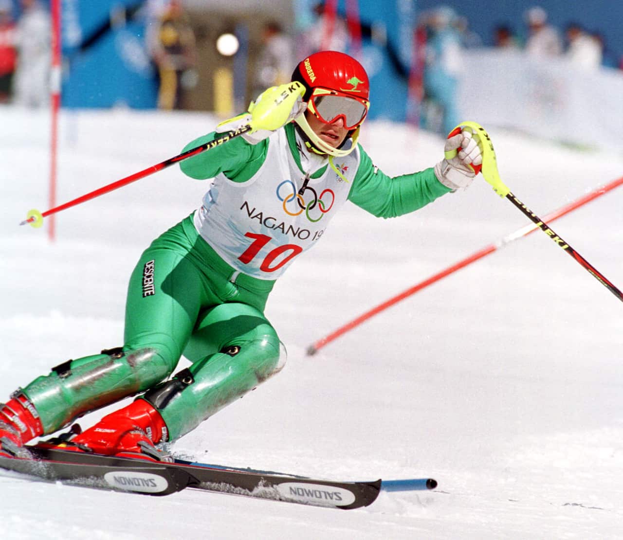 Australia's Zali Steggall passes a gate during her first run in the Women's Slalom competition of the XVIII Winter Olympic Games in Shiga Kogen Thursday Feb. 19, 1998. 