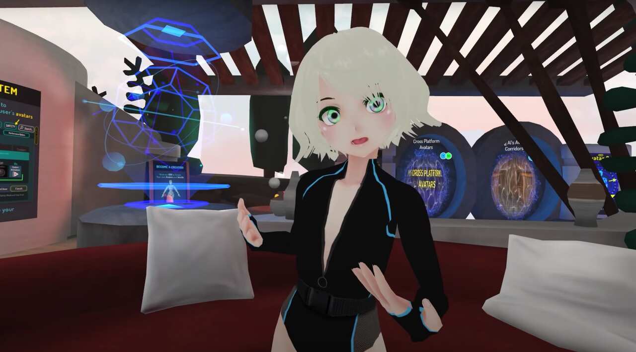 A still from VRCHat with a female avatar. 