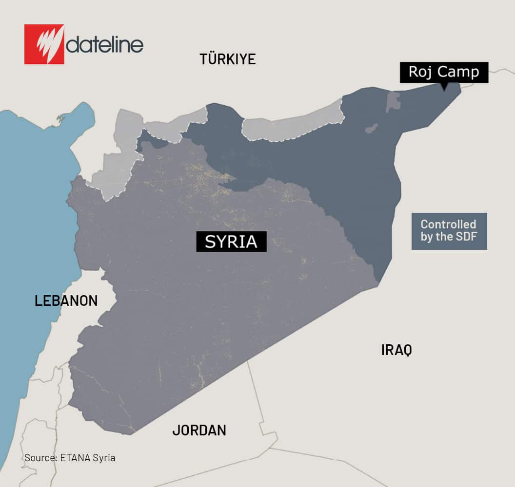 A map of Syria and its neighbouring countries with the marked territory controlled by the SDF