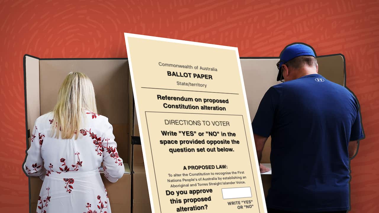 An artwork depicting people at voting booths and a ballot paper. 