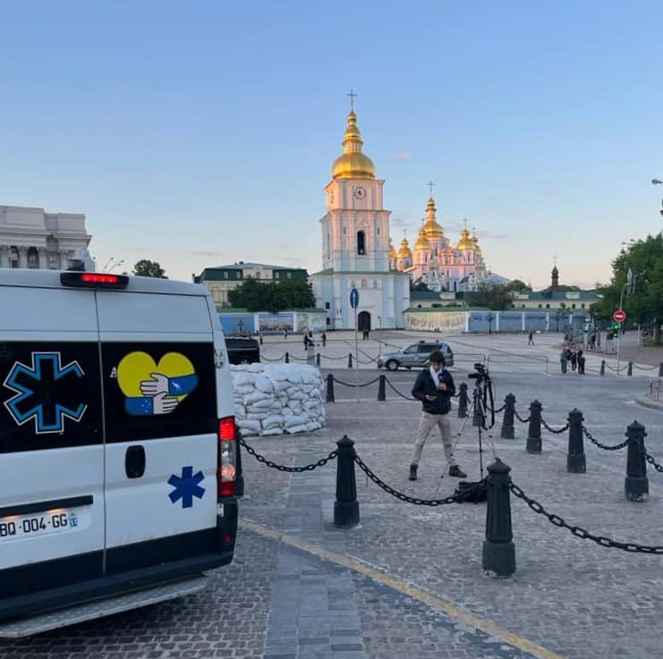 One of the ambulances parked at St Michael's Golden-Domed monastery in Kyiv.