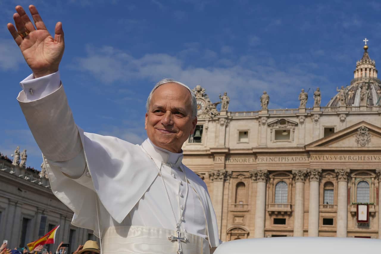 Pope Leo XIV on his popemobile tours St. Peter's Square at the Vatican prior to the inaugural Mass of his pontificate