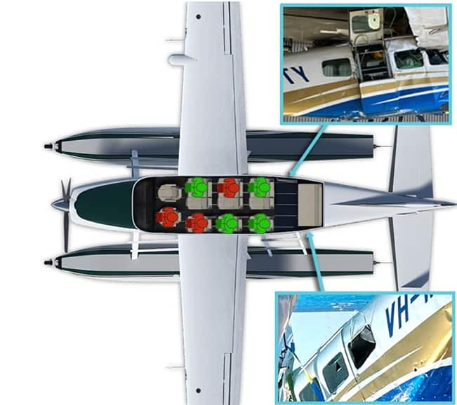 A seating plan of an airplane showing the occupant locations, with survivors marked in green and those who sustained fatal injuries marked in red.