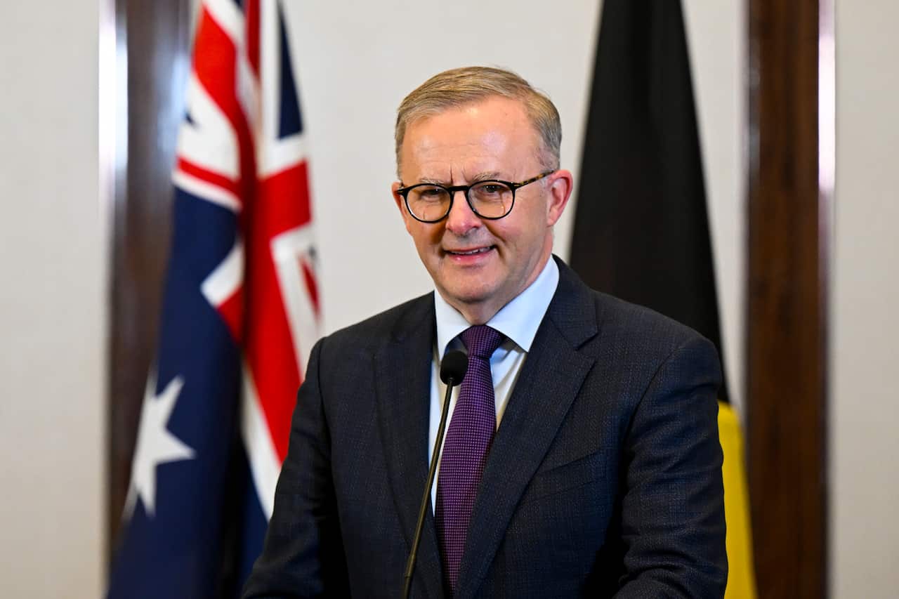 Australian Prime Minister Anthony Albanese speaks to the media during a press conference 