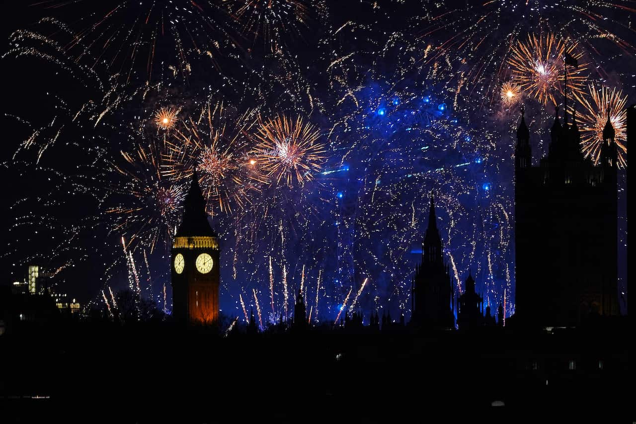 Fireworks with Big Ben in the foreground.