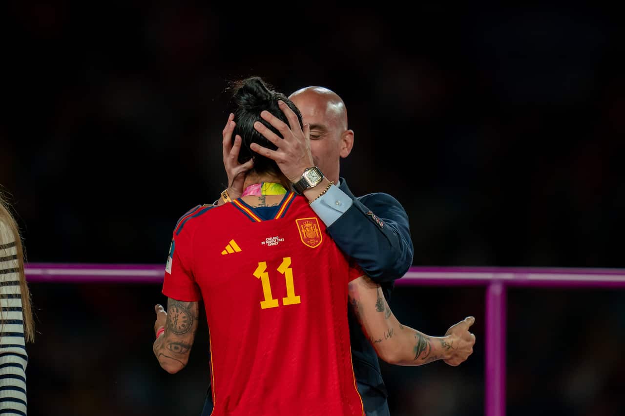 Jenni Hermoso is kissed by Luis Rubiales during the FIFA Women's World Cup 2023 Final football match between Spain and England at Stadium Australia in Sydney.