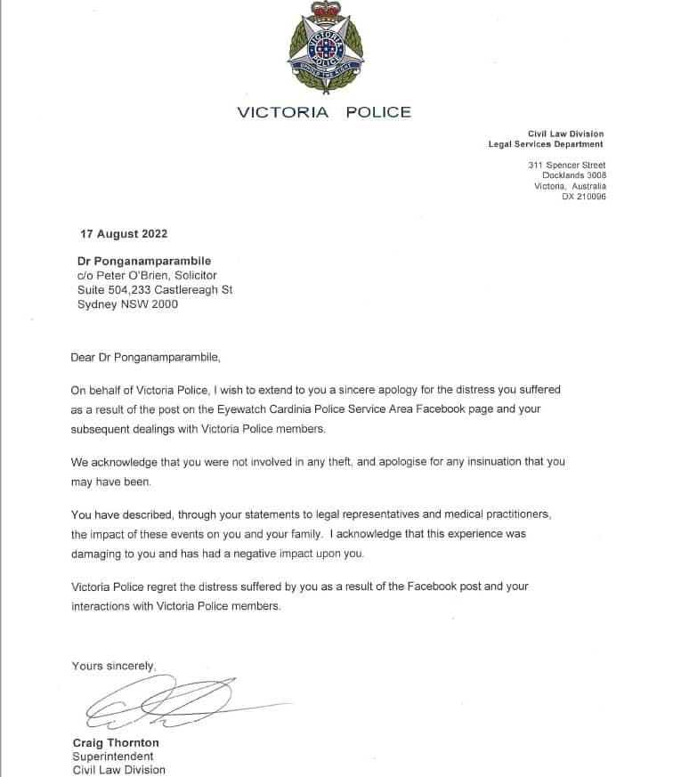 Letter of Apology from Victoria Police to Dr Ponganamparambile