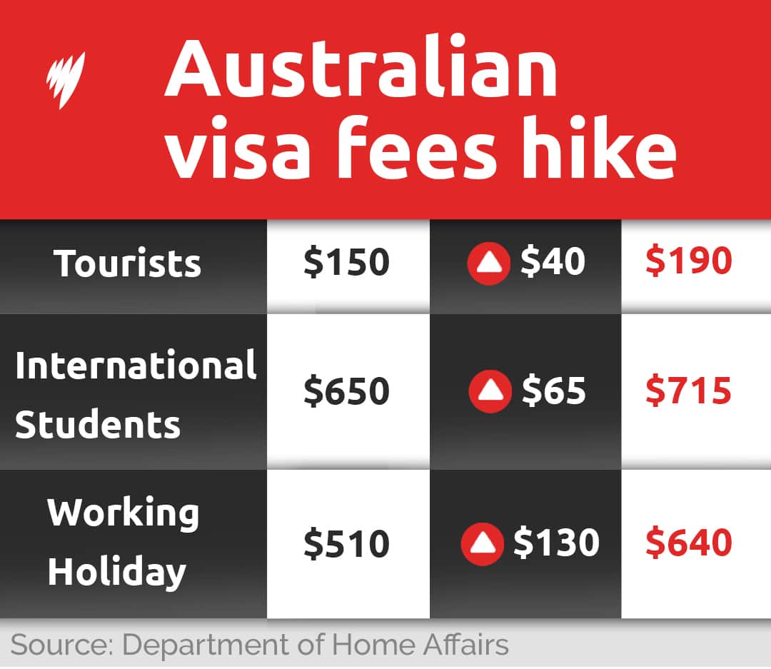 A table showing visa prices