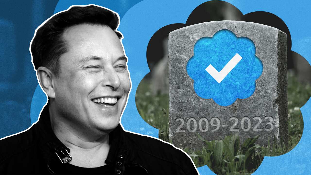 Graphic showing Elon Musk laughing next to a gravestone for Twitter blue verification ticks