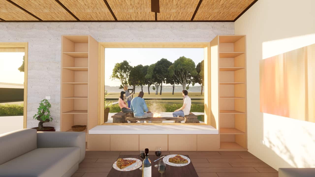 An artist's impression of a living room with two slices of pizza and wine on the coffee table. Outside the window, four people sit around a campfire