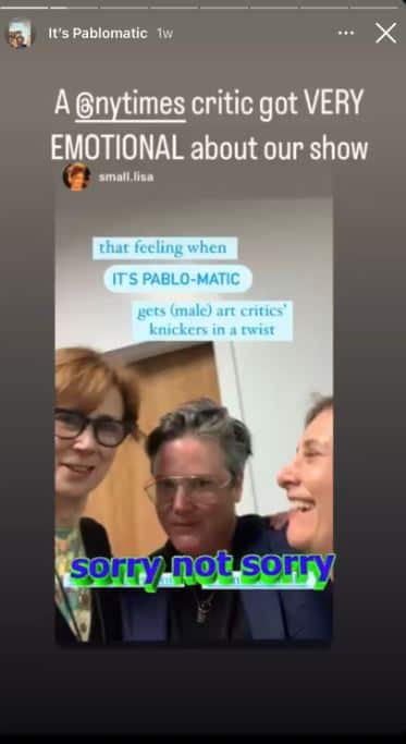 A screenshot of an Instagram post featuring a Brooklyn Museum staff member and Hannah Gadsby, with the words 'sorry not sorry' 