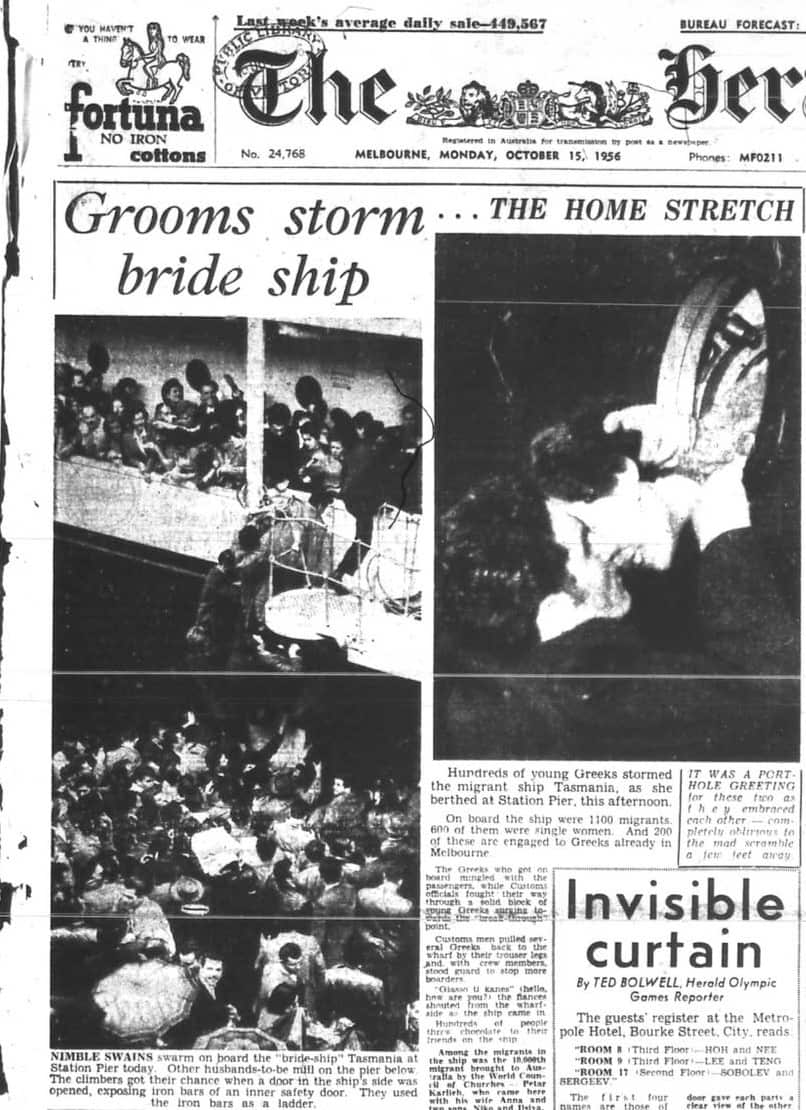 An old newspaper clipping from the Herald Sun shows black-and-white photos of men climbing aboard a ship; one shows a man trying to kiss a woman through a porthole. The headline reads 'Grooms storm bride ship'.