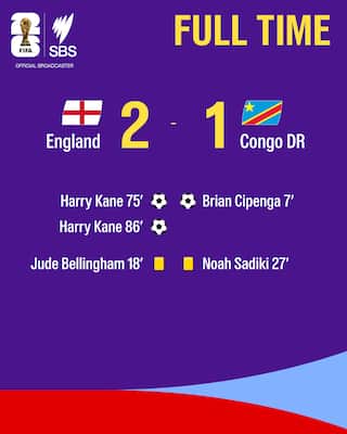 A colourful graphic showing the World Cup match results for England v Congo DR