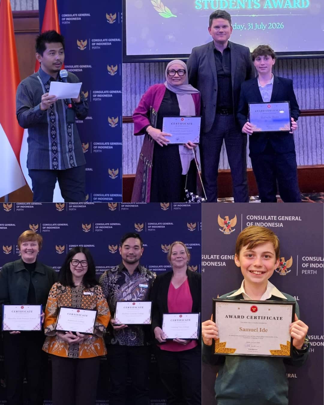 Top, L-R: Antonius Prawira Yudianto, Dian Leggett and Malachi Hunt. Bottom, L-R: Stevannie Santosa (second from left) and fellow teachers, Samuel Ide.