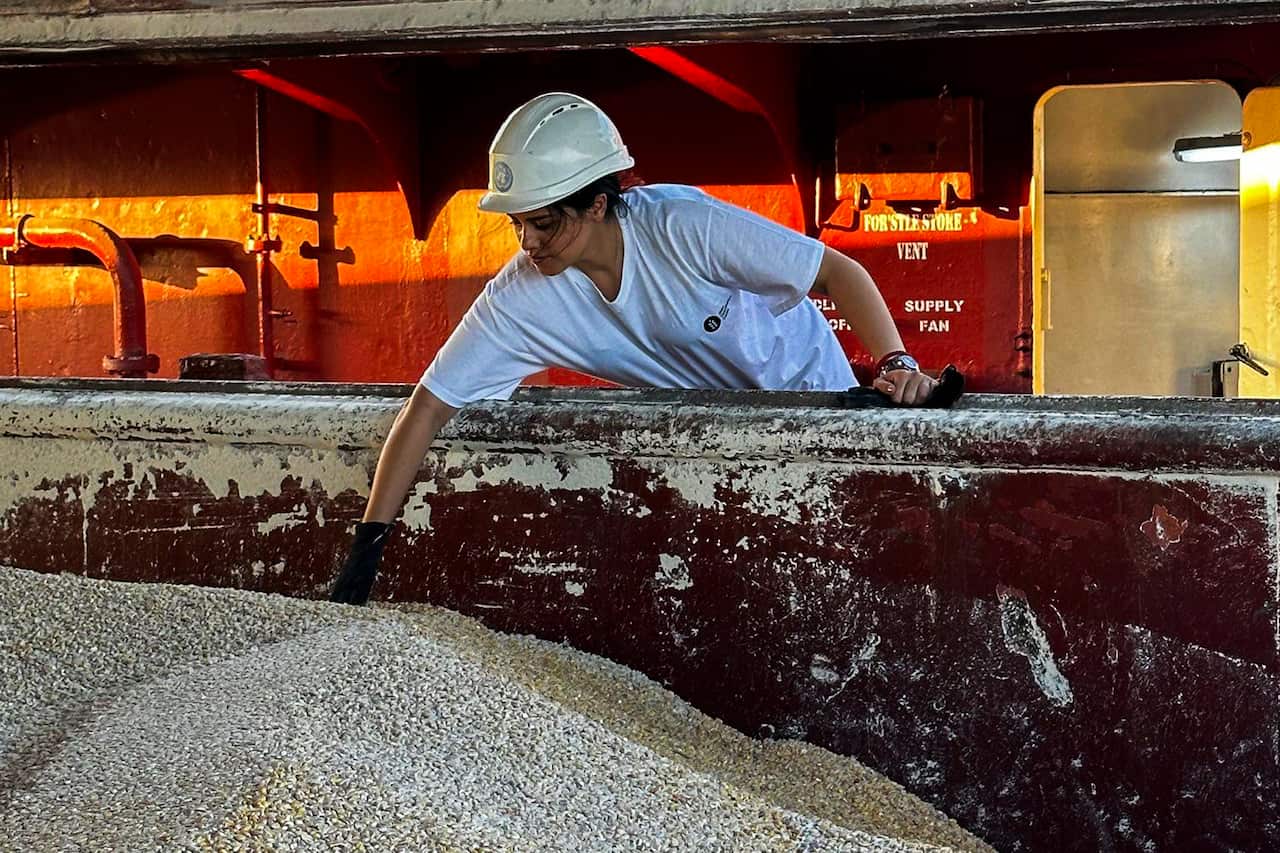 A grain export worker loading grains into a ship.