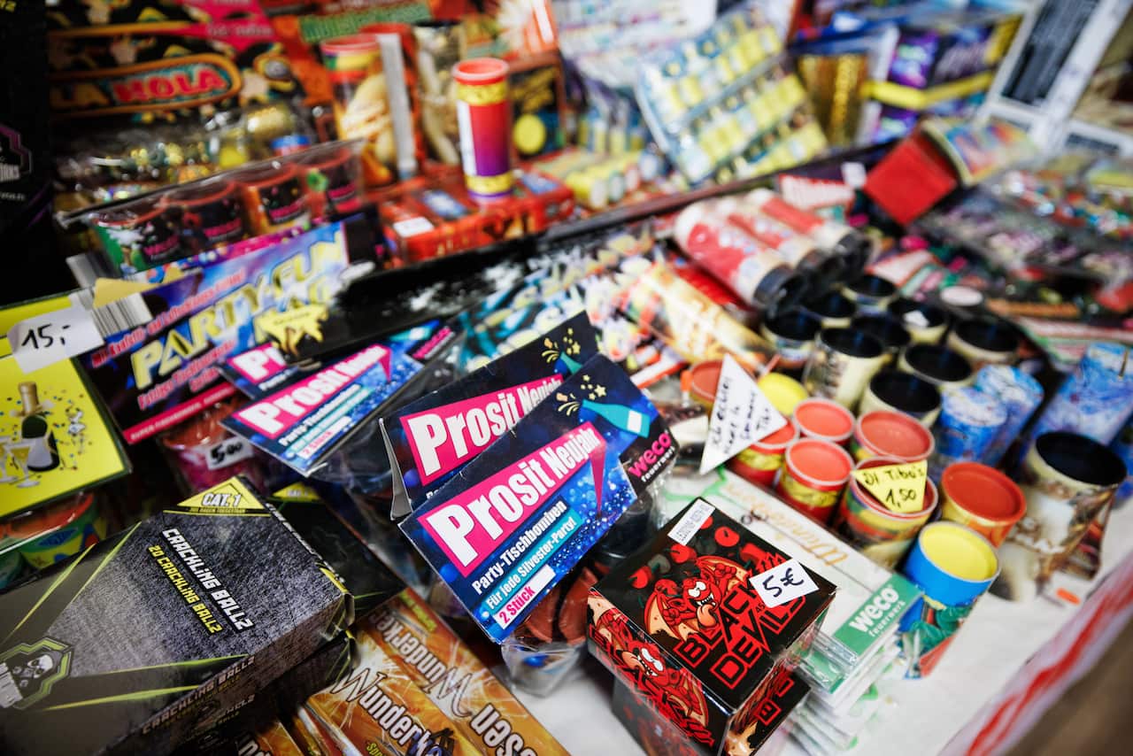 A selection of fireworks products with German writing and pricing