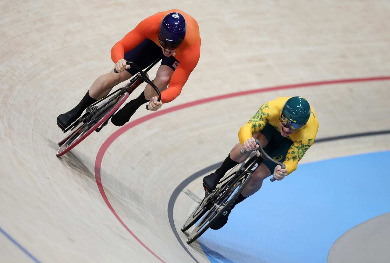 Harrie Lavreysen of Netherlands and Matthew Richardson of Australia during the sprint finals competitions. 