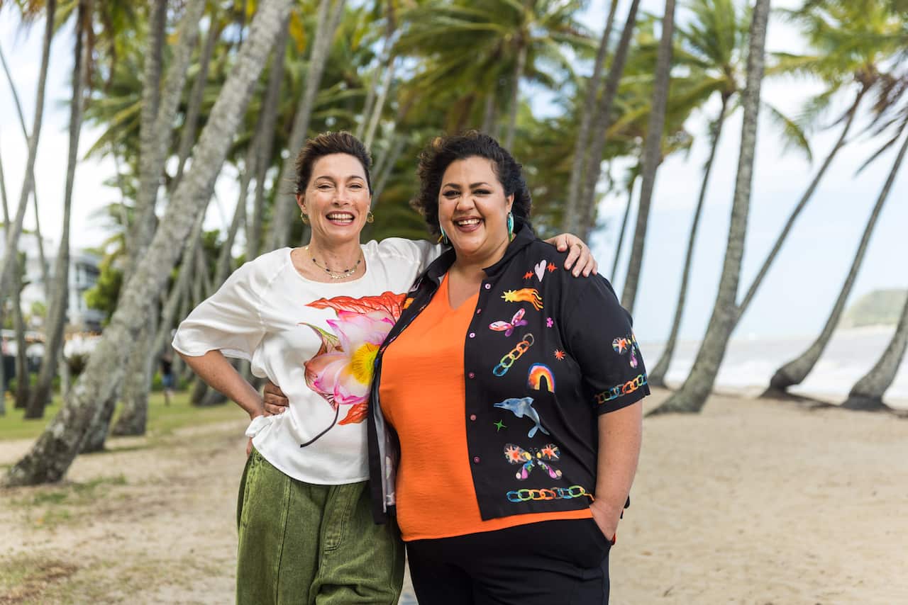 Claudia Karvan and Steph Tisdell in Palm Cove, Cairns for 'Great Australian Road Trips'.