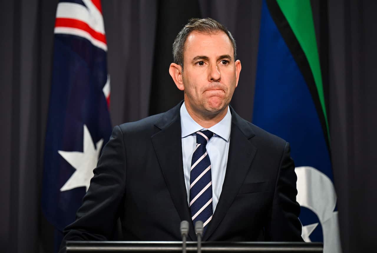 Jim Chalmers speaking at a press conference.
