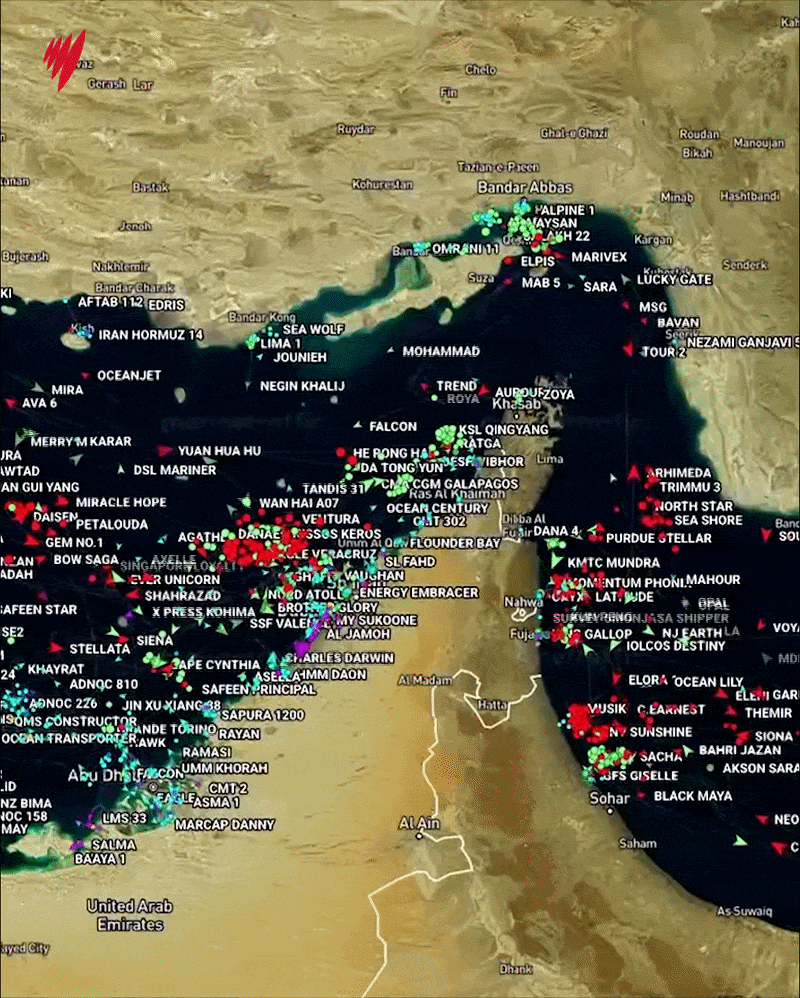 A GIF showing the passage of traffic in the Strait of Hormuz on April the 9th to April the 10th, 2026.