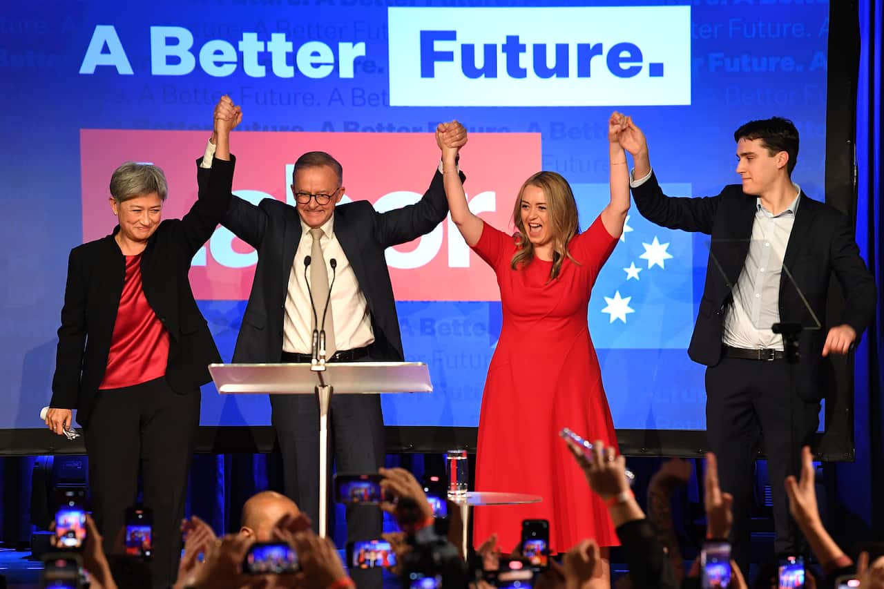 Two men and two women raise their hands in victory against a blue background, with the words "A Better Future. Labor" displayed.