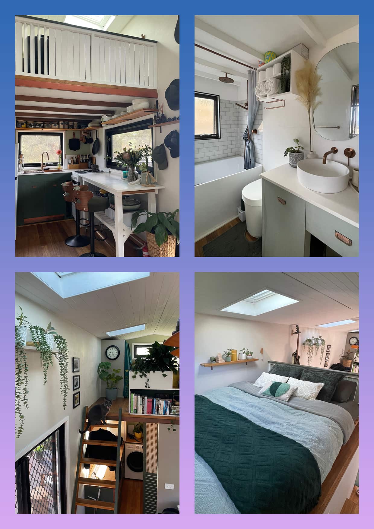 A compilation of photos inside a tiny house on wheels, featuring a study loft, bathtub and large bed. The photos are surrounded by a purple border.