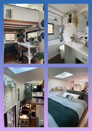 A compilation of photos inside a tiny house on wheels, featuring a study loft, bathtub and large bed. The photos are surrounded by a purple border.