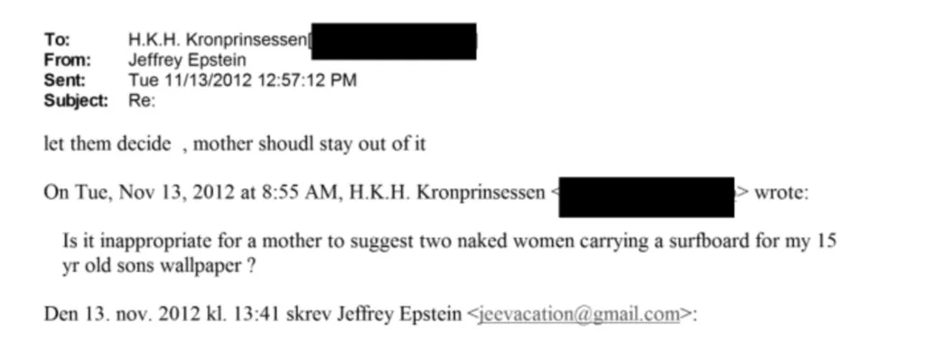 A screenshot of email correspondence between Jeffrey Epstein and Mette-Marit from 2012.