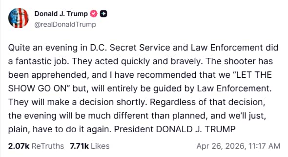 A Truth Social post by Donald Trump.