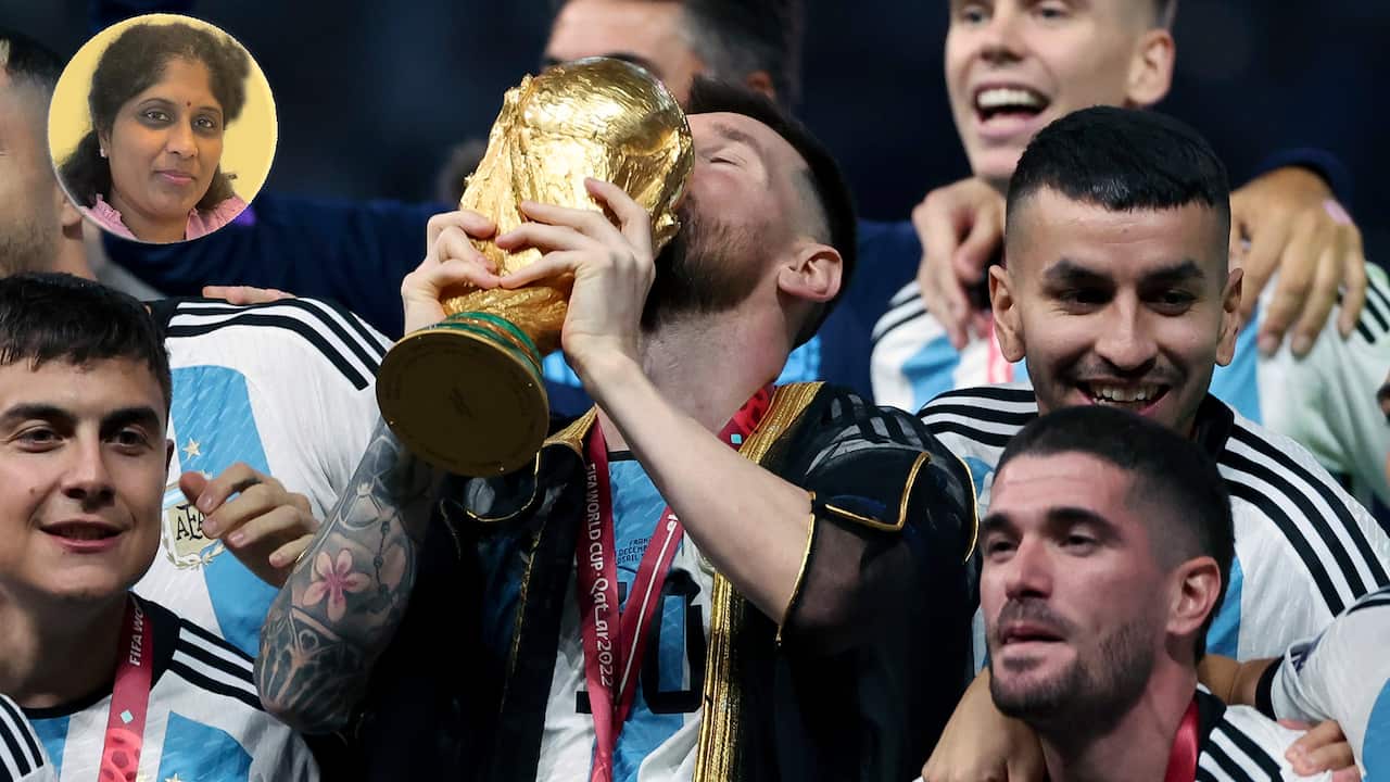 LUSAIL CITY, QATAR - DECEMBER 18: Lionel Messi of Argentina holding the World Cup and teammates celebrate during the trophy ceremony following the FIFA World Cup Qatar 2022 Final match between Argentina and France at Lusail Stadium on December 18, 2022 in Lusail City, Qatar. (Photo by Jean Catuffe/Getty Images); Inset: Supashini Ragulan