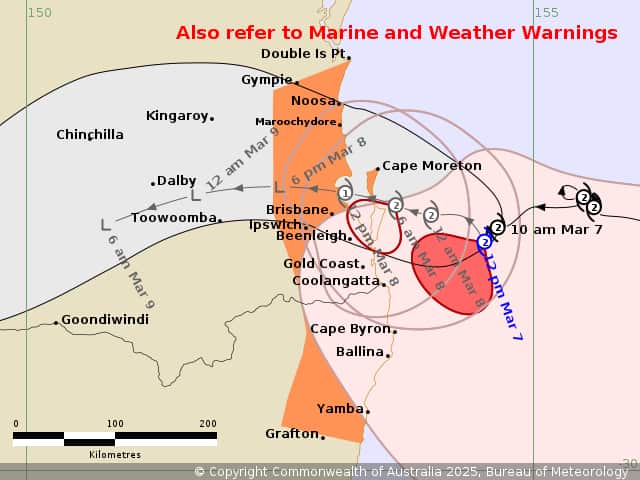 A map showing the path of Tropical Cyclone Alfred.