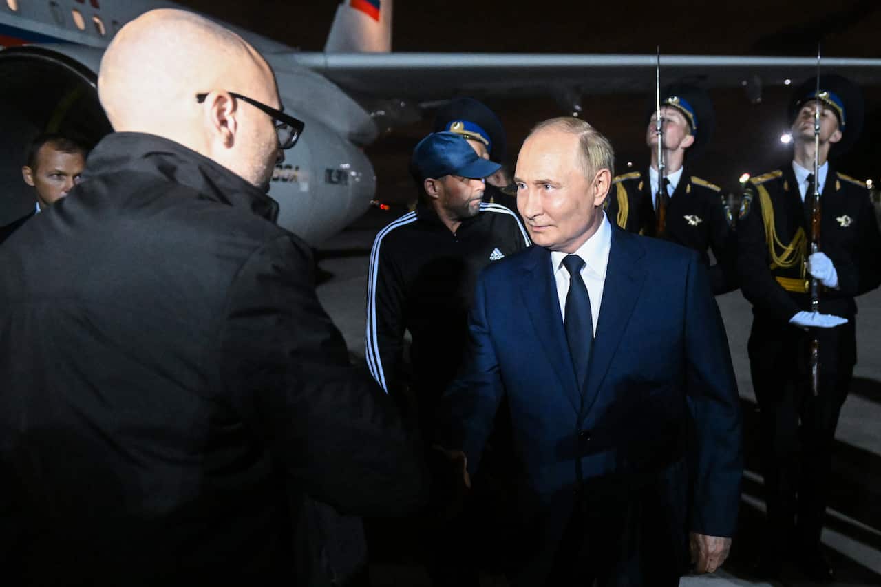 Russian President Vladimir Putin shakes hands with another man in front of a plane.