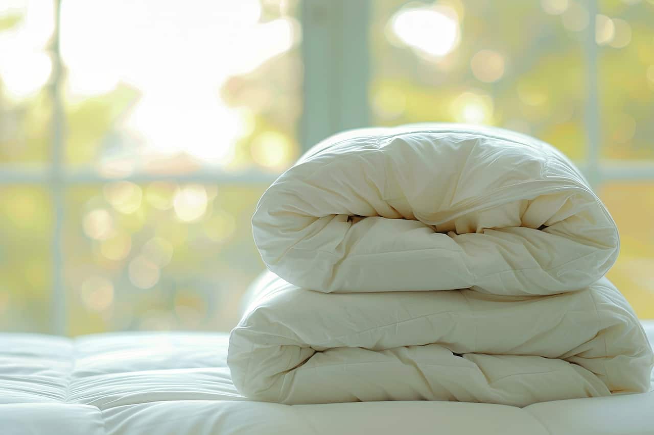 In the background, a white duvet lies folded on a table.