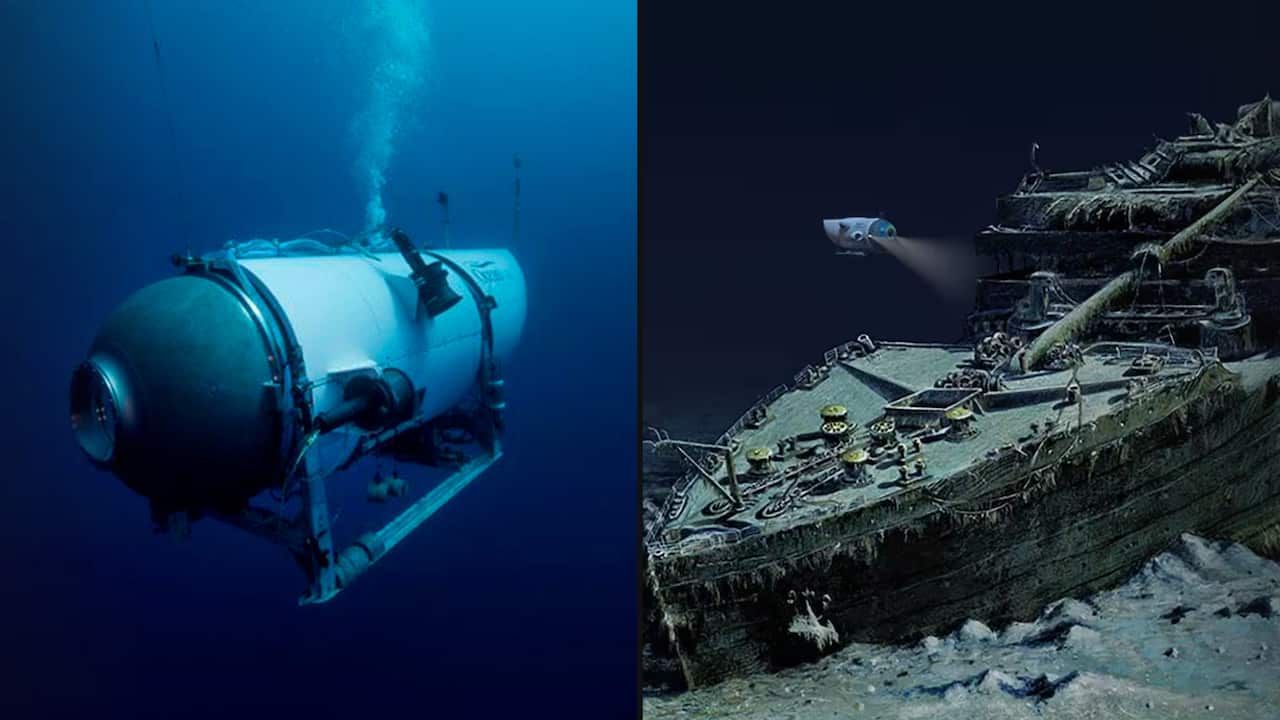 A split image. On the left is a picture of a submarine. On the right is a picture of the submarine next to a shipwreck.
