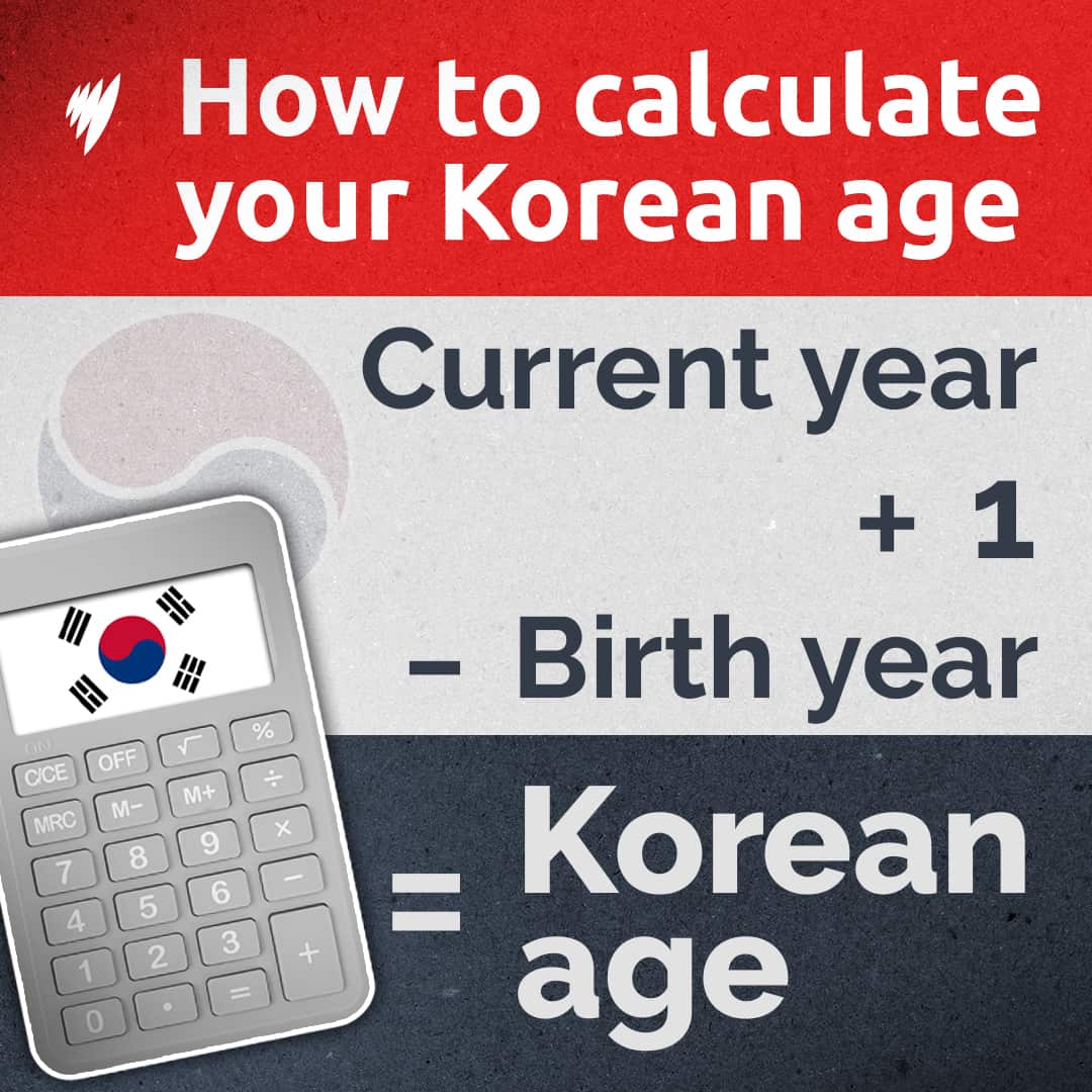 Graphic art of a calculator alongside instructions on how to count your Korean age. 