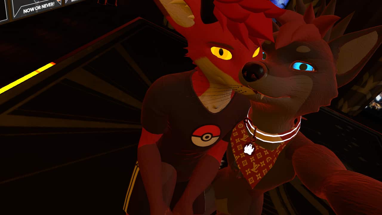 Two canine-like virtual avatars embracing on the stairs in a VR world