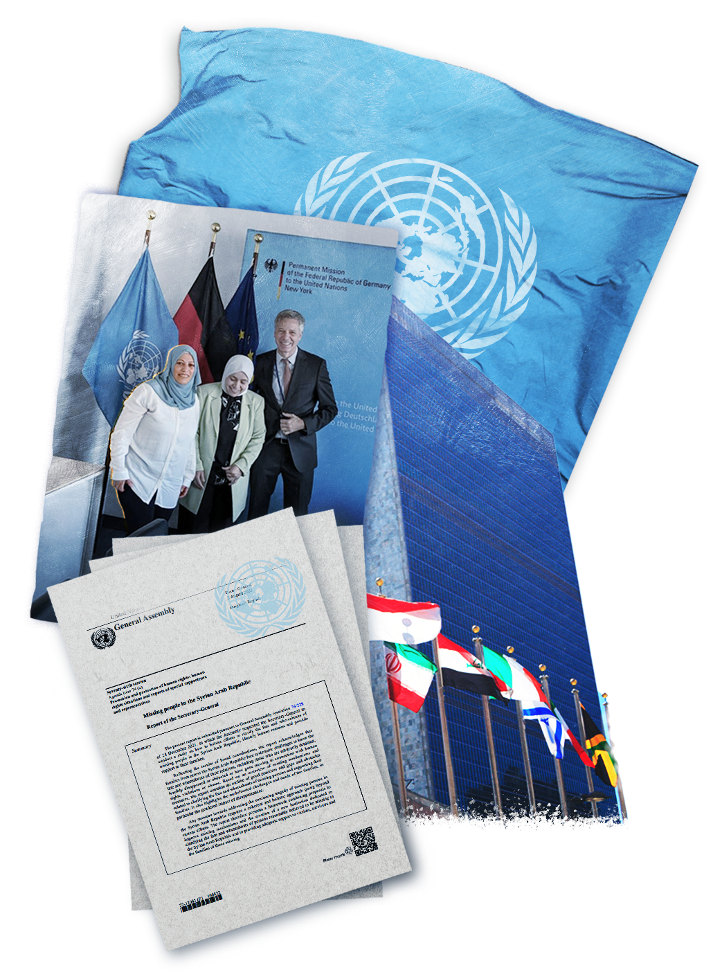 A collage of a UN flag, an image of the UN building with flagpoles outside, a pile of printed papers and a photo of three people 