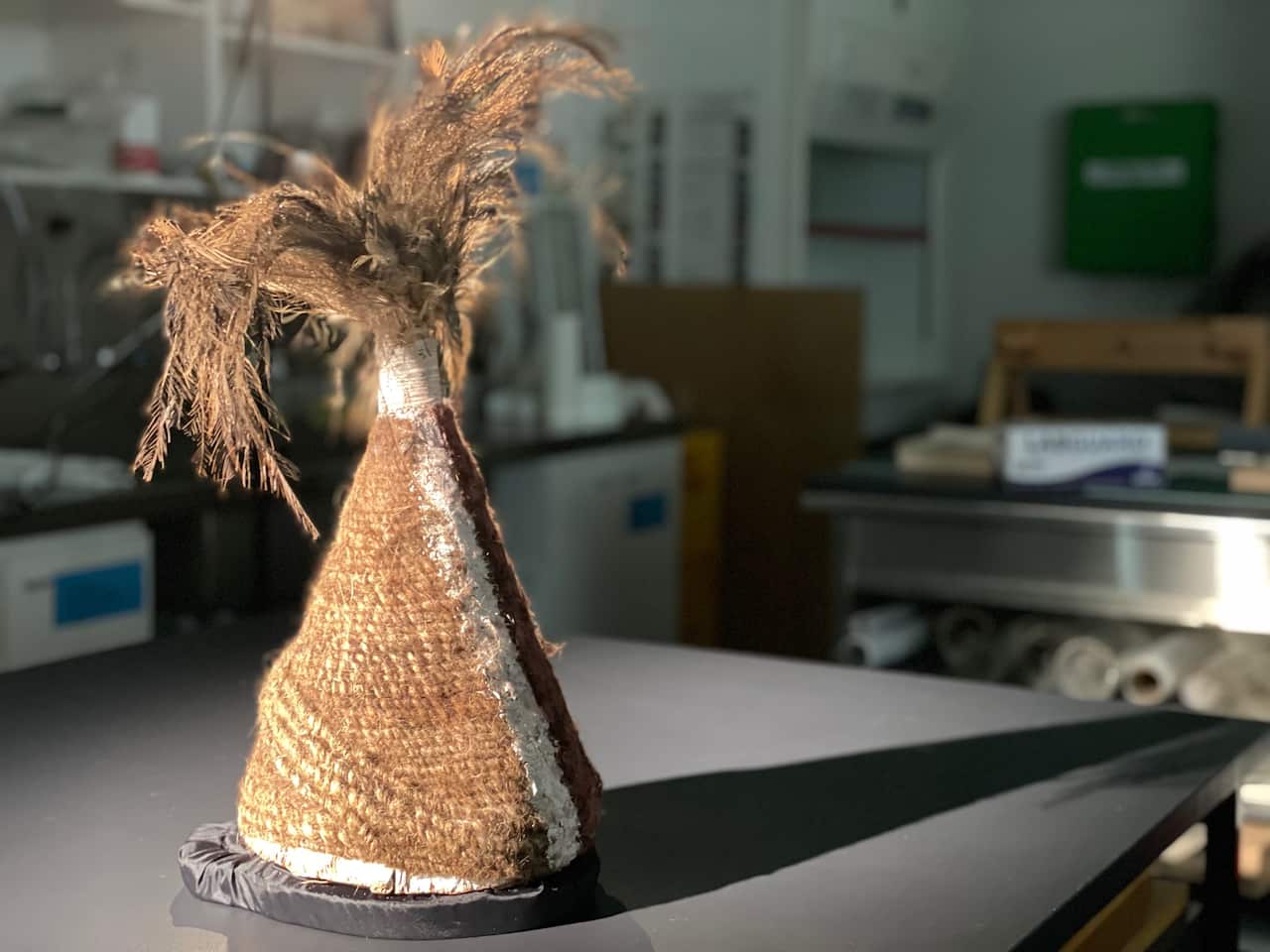 A close up image of the Lardil Headdress showing the hair fibres. 