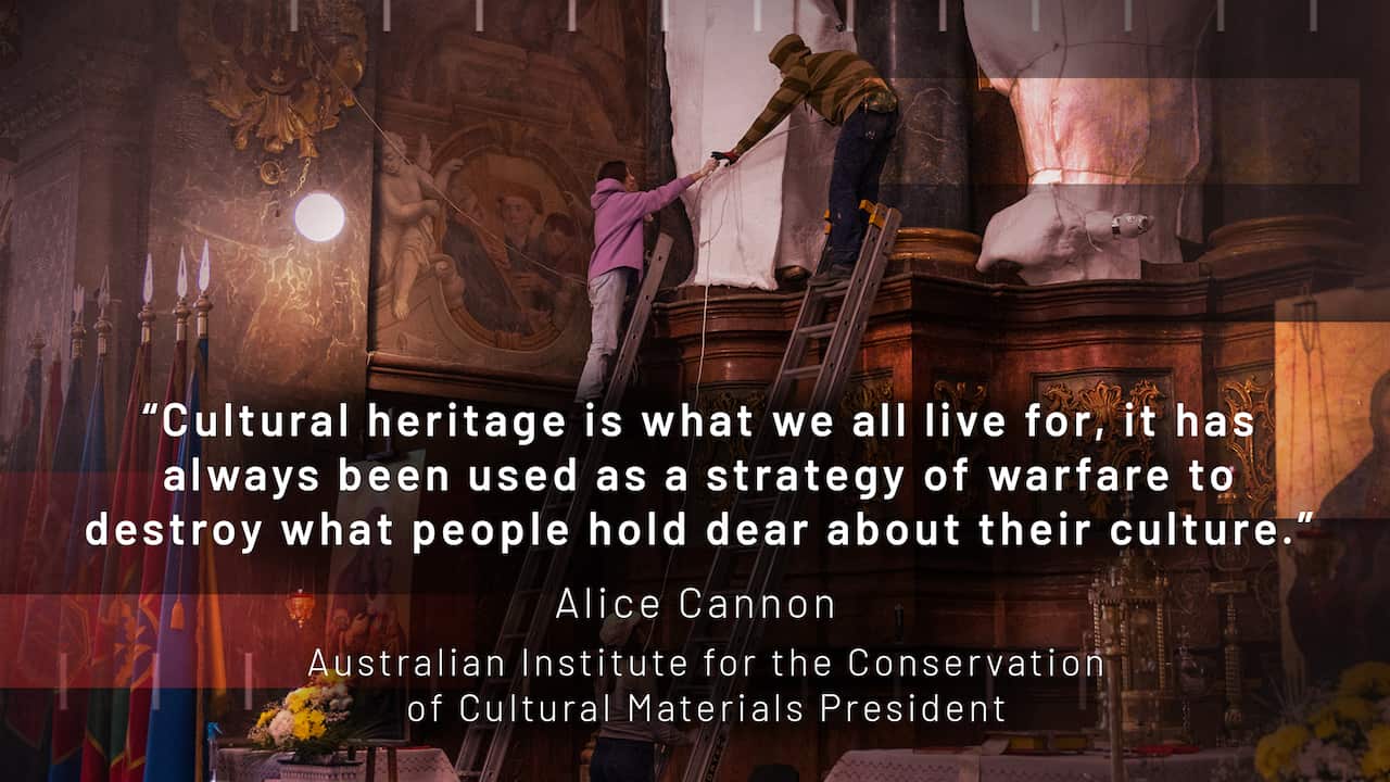 Statues wrapped in a church.