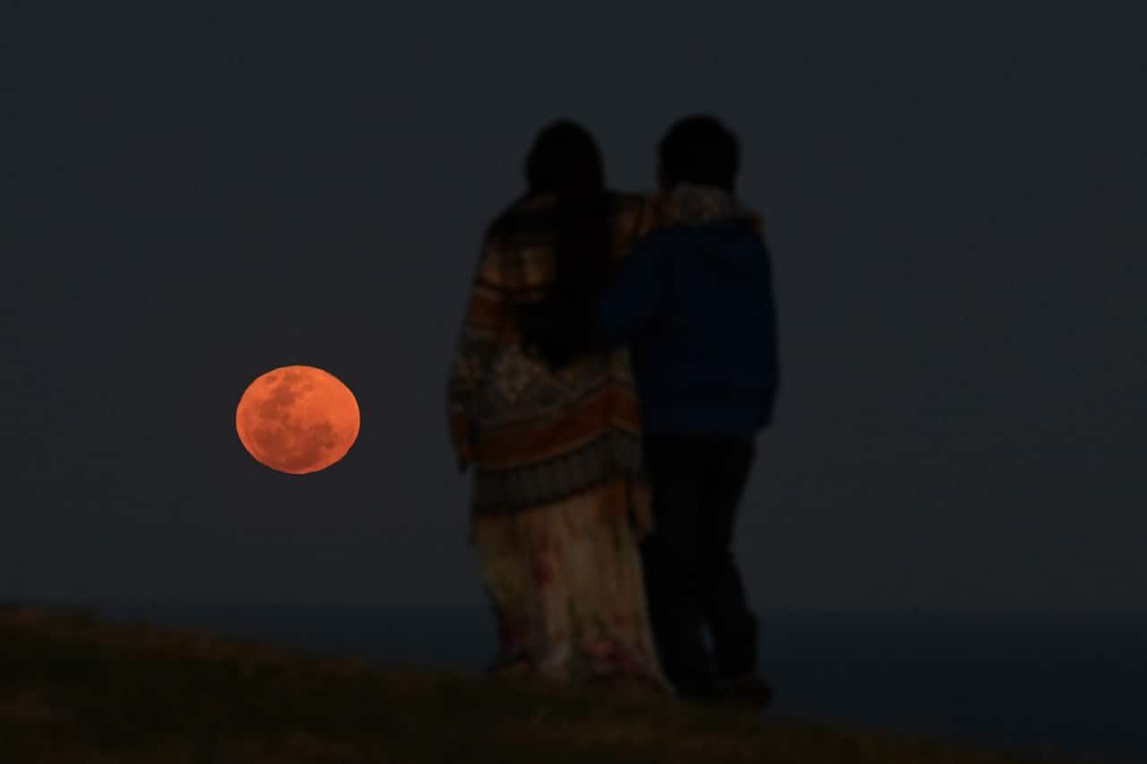 Two people looking at a bright yellow moon over the horizon.