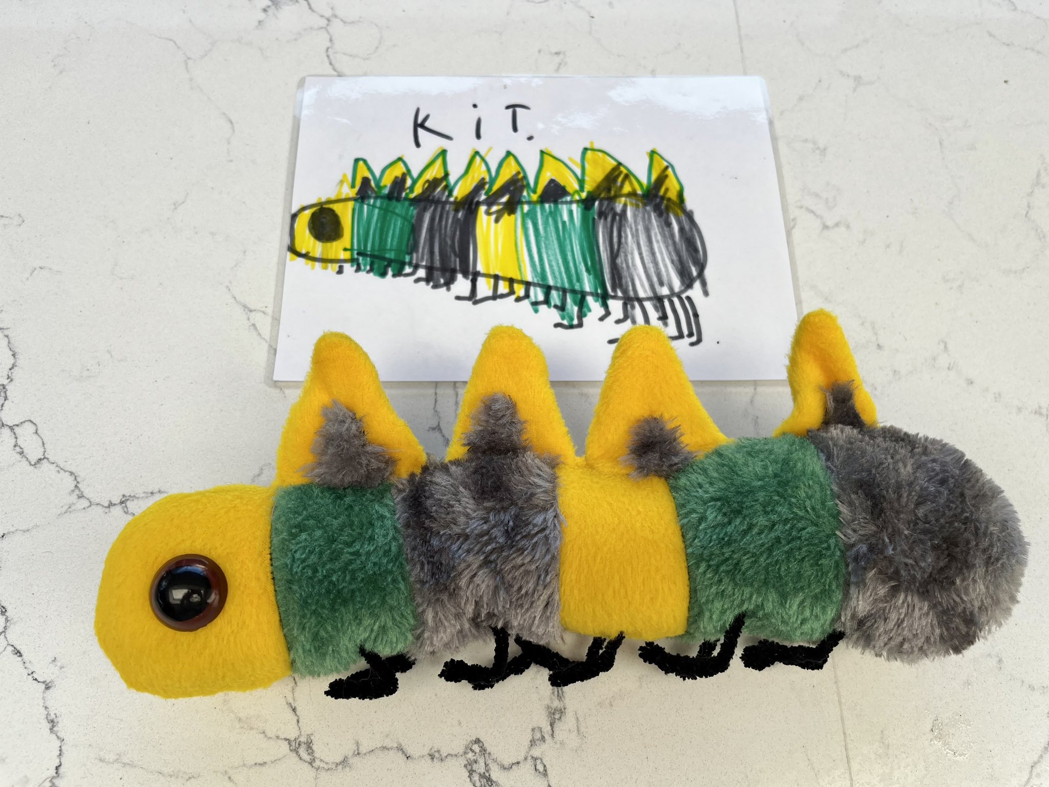Image of caterpillar drawing and stuffed toy. 