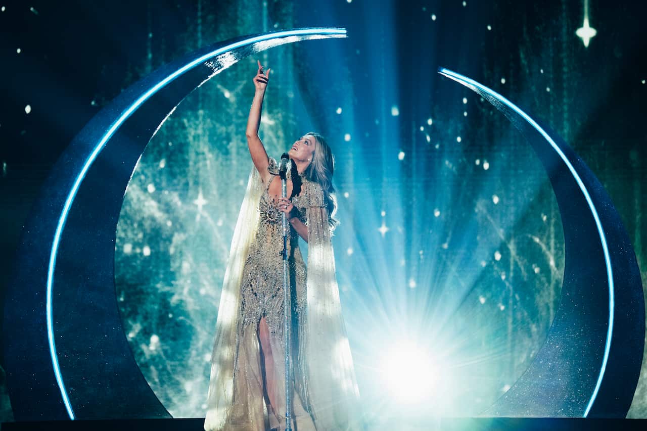 Rehearsal Images: Delta Goodrem performing Eclipse for Australia during the Second Rehearsal at Wiener Stadthalle, Vienna 2026.