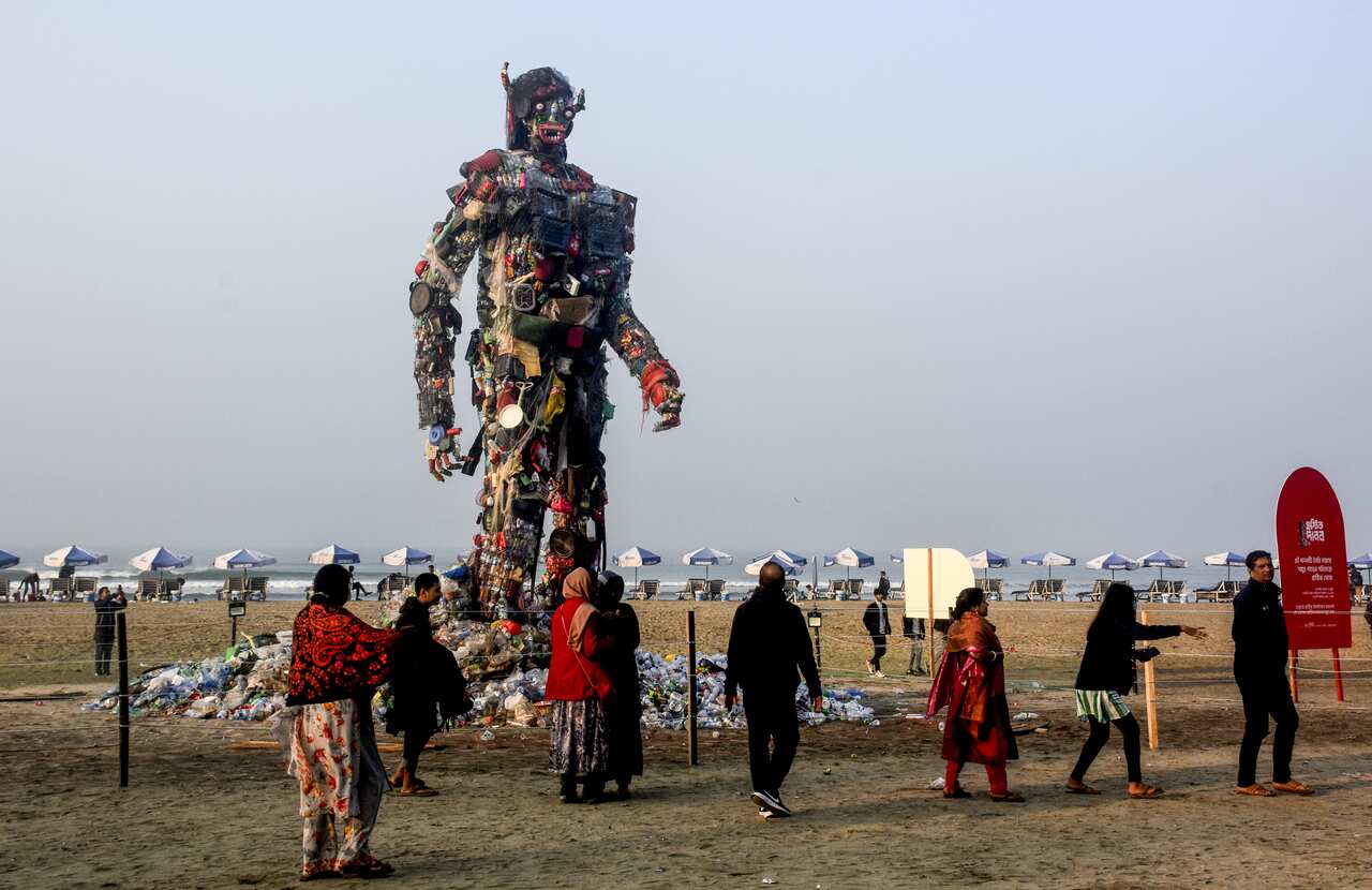42 feet monster made of plastic waste on Cox's Bazar beach in Bangladesh