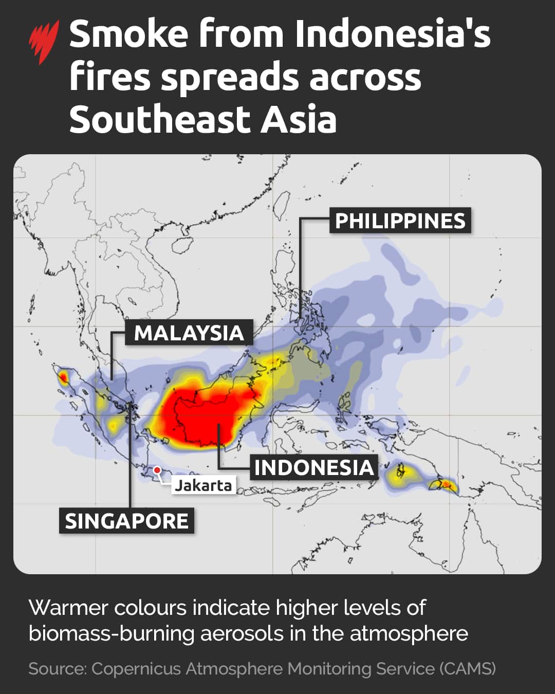 A map showing distribution of smoke haze over Southeast Asia