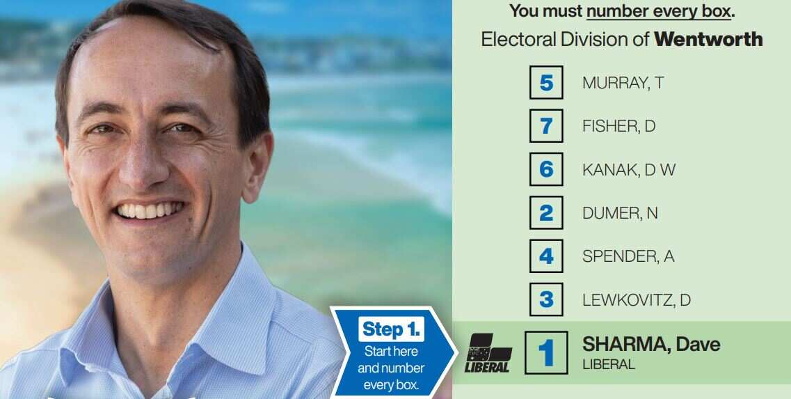 Liberal MP Dave Sharma's how-to-vote card.