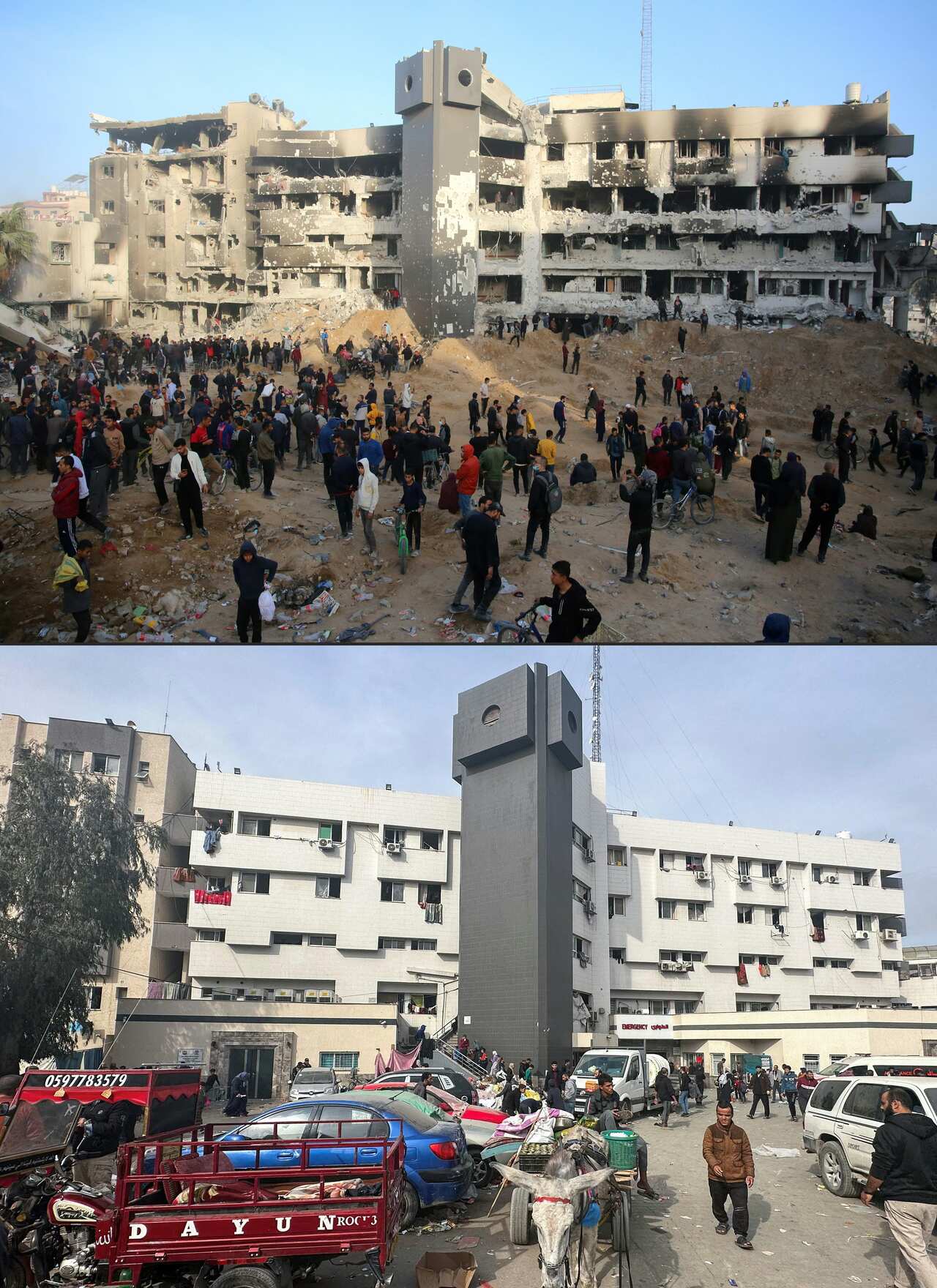 A composite image of a hospital before and after being under siege by IDF