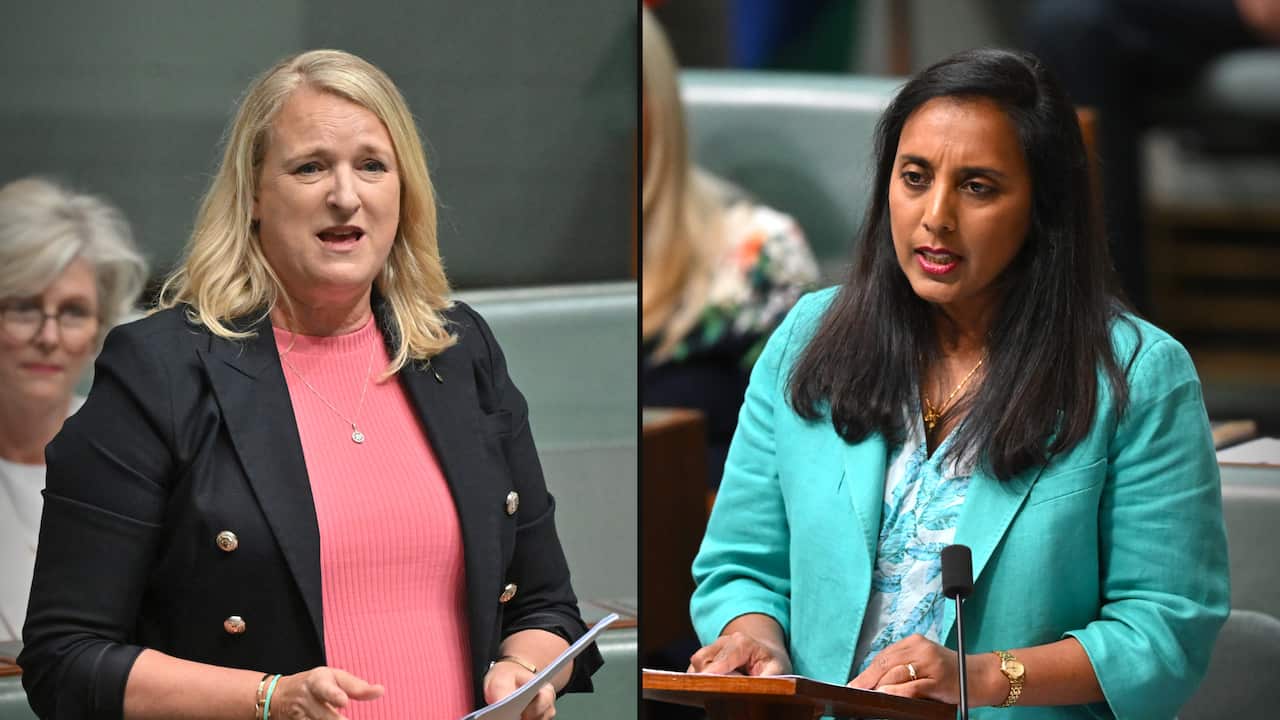 A split image showing two female MPs speaking in parliament.