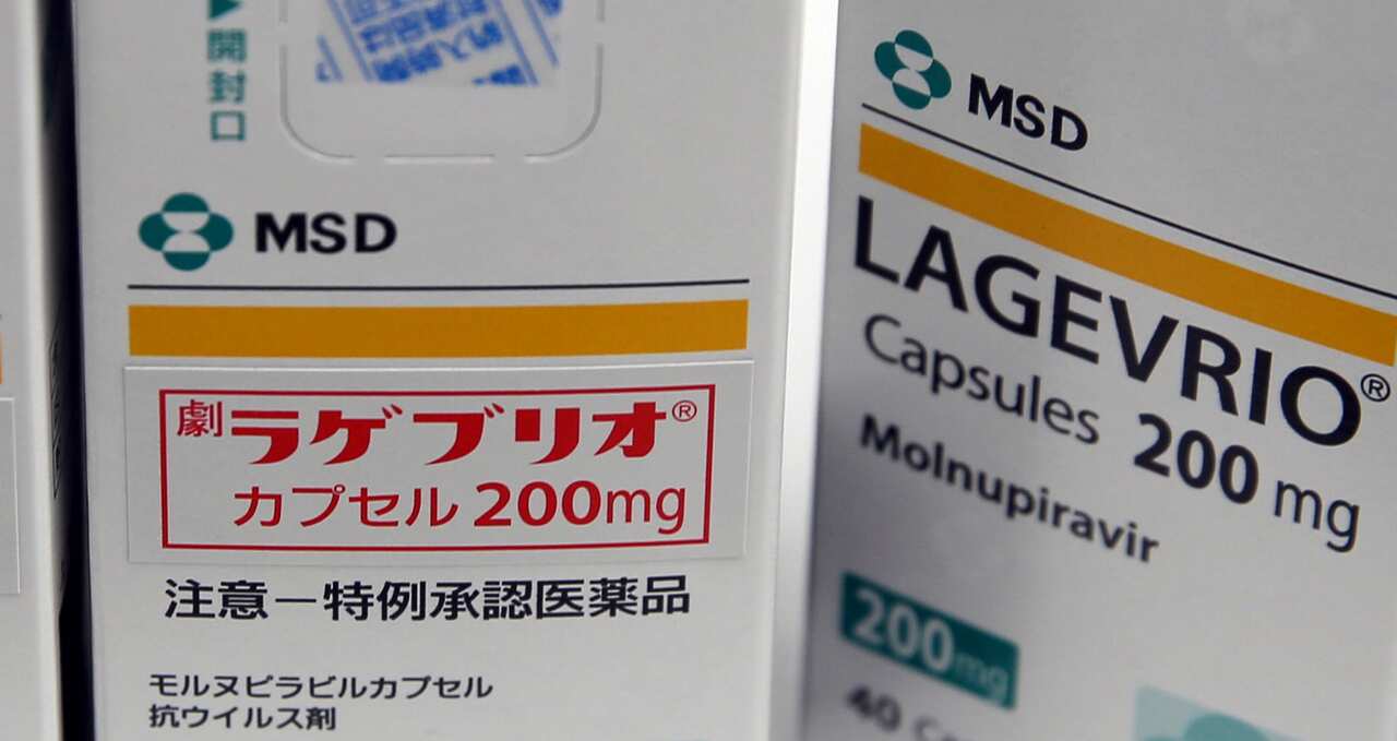 Two labels of the drug molnupiravir. The one on the left is in Japanese.