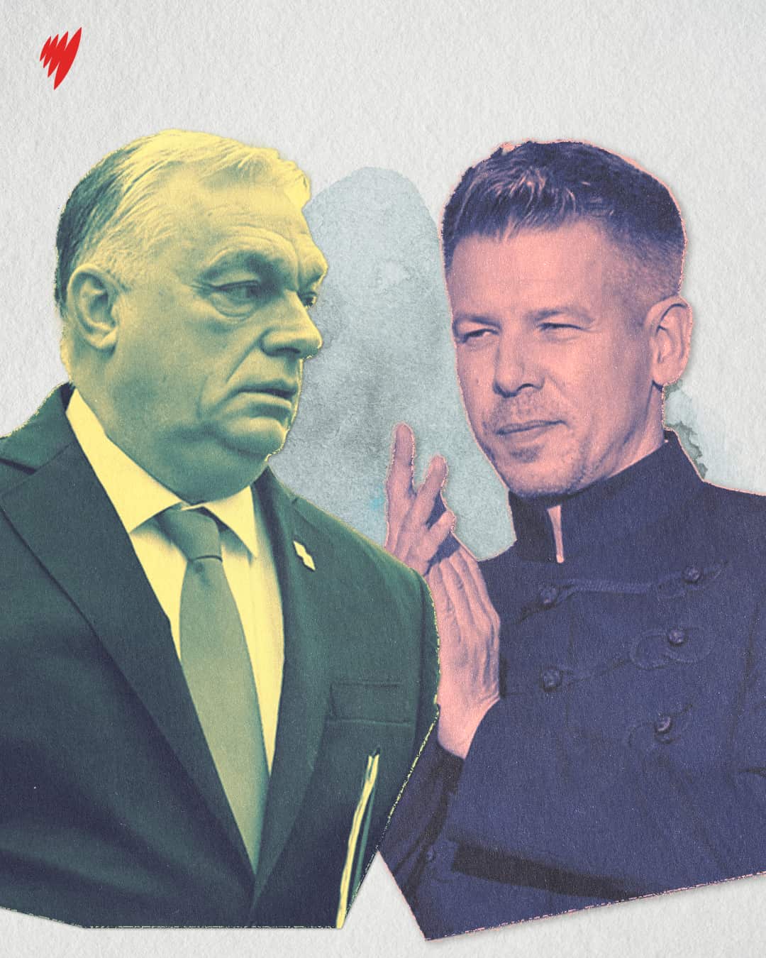 Graphic art of two men, one wearing a dark suit and tie, the other wearing a black long-sleeved top